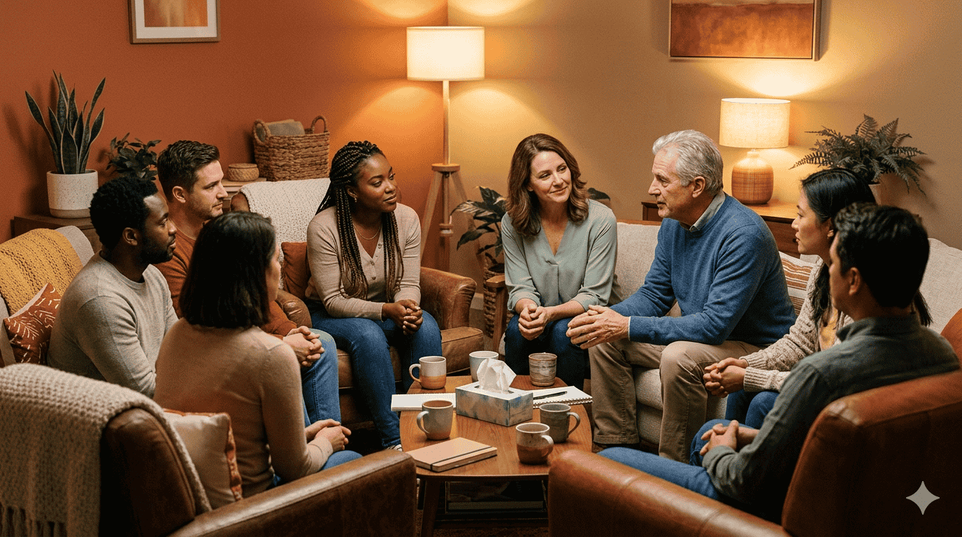 Support group participants sharing in a safe environment